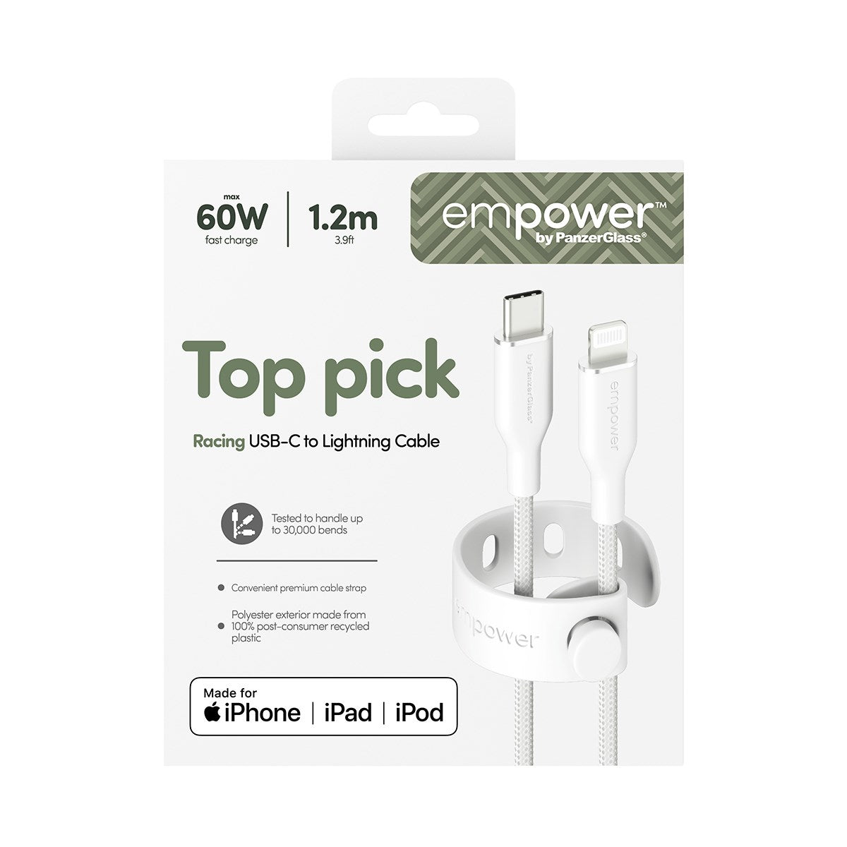 empower by PanzerGlass® Racing 60W USB-C to Lightning Kabel | USB 2.0 | 1.2M | Silver White